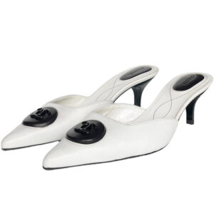 Vintage Chanel Logo Mules Heels in White / Black UK 3.5 | NITRYL