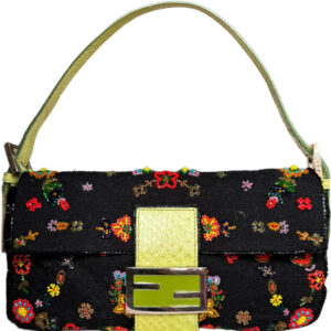 Vintage Fendi Floral Beaded Shoulder Baguette Bag in Black with Exotic Leather Detailing | NITRYL