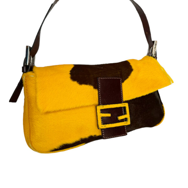 Fendi Cow Print Calfskin Shoulder Baguette Bag in Yellow / Brown - Image 2