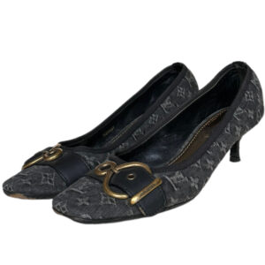 Vintage Louis Vuitton Monogram Denim Buckle Heels in Grey / Gold UK 4.5 | NITRYL