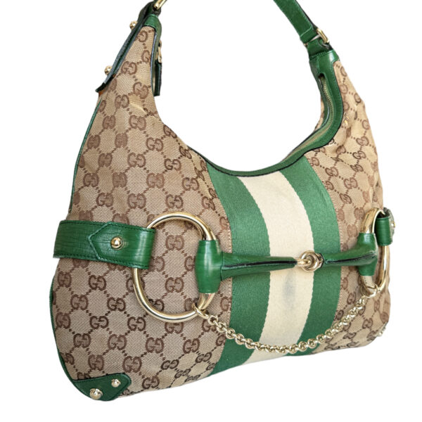 Gucci Monogram Horsebit Shoulder Bag in Beige / Green / Gold - Image 2