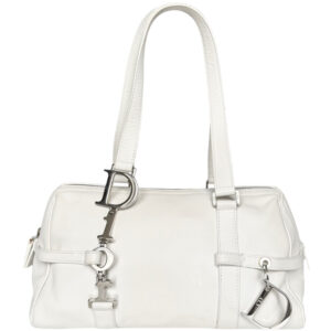 Vintage Dior Leather Shoulder Bag in White with Silver Spellout Strap | NITRYL