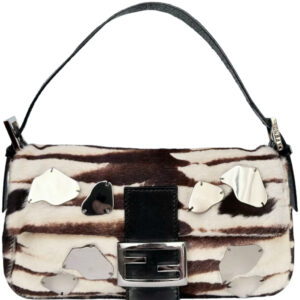 Vintage Fendi Striped Calfskin Mirrored Shoulder Baguette Bag in White / Brown / Silver | NITRYL