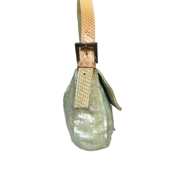 Fendi Iridescent Sequin Shoulder Baguette Bag in Mint Green with Exotic Leather Detailing - Image 4