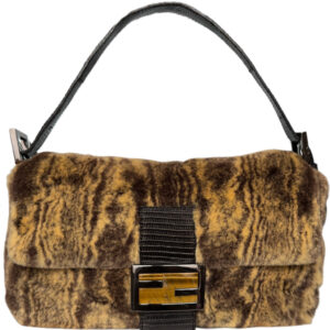 Vintage Fendi Patterned Fur Shoulder Baguette Bag in Brown / Black with Exotic Leather Detailing | NITRYL