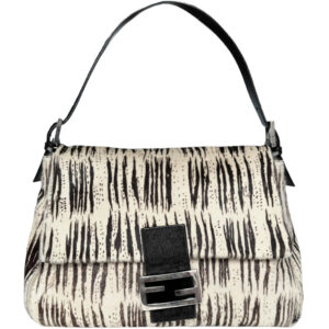 Vintage Fendi Striped Calfskin Mamma Shoulder Baguette Bag in White / Dark Brown / Black | NITRYL