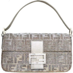 Vintage Fendi Monogram Glitter Metallic Shoulder Baguette Bag in Silver / Gold with Swarovski Encrusted Clasp | NITRYL