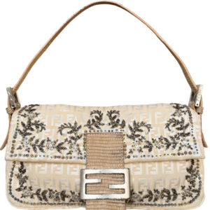 Vintage Fendi Monogram Floral Sequin Beaded Shoulder Baguette Bag in Cream / Beige with Exotic Leather Detailing | NITRYL