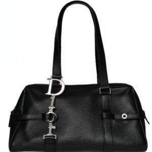 Vintage Dior Leather Shoulder Bag in Black with Silver Spellout Strap | NITRYL