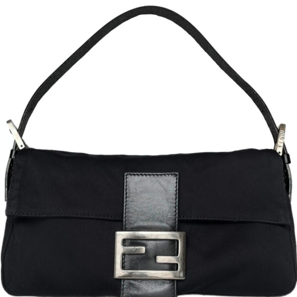 Vintage Fendi Silk Classic Shoulder Baguette Bag in Black / Silver | NITRYL