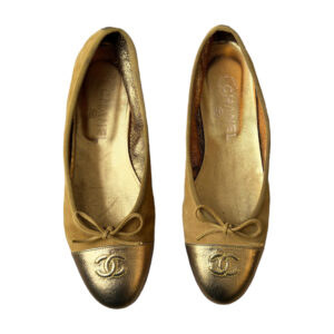 Vintage Chanel Bow Logo Ballet Flats in Gold UK 5 | NITRYL