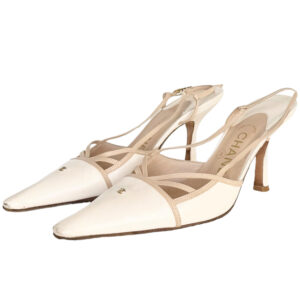 Vintage Chanel Logo Slingback Heels in Cream / Beige UK 4 | NITRYL