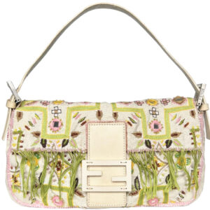 Vintage Fendi Beaded Embroidered Fringe Shoulder Baguette Bag in Cream / Pink / Green | NITRYL