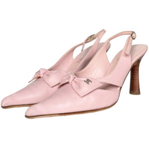 Vintage Chanel Bow Logo Slingback Heels in Baby Pink UK 4.5 | NITRYL