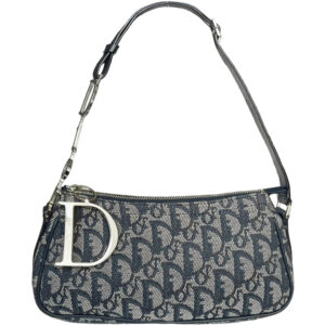 Vintage Dior Trotter Monogram Shoulder Bag in Navy Blue with Silver Spellout Strap | NITRYL