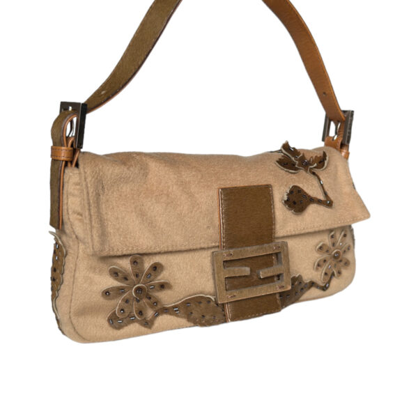 Fendi Felt Calfskin Flower Beaded Baguette in Brown - Image 2