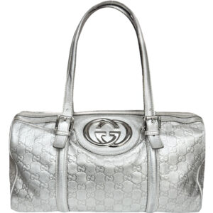 Vintage Gucci Monogram Logo Leather Shoulder Boston Bag in Metallic Silver | NITRYL