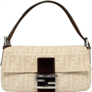 Vintage Fendi Zucca Monogram Shoulder Baguette Bag in Cream / Brown / Silver | NITRYL