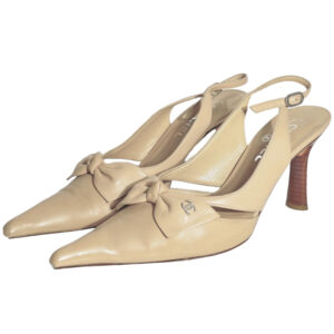 Vintage Chanel Bow Logo Slingback Heels in Beige | NITRYL