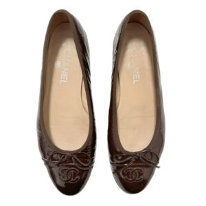 Vintage Chanel Bow Logo Patent Ballet Flats in Brown Uk 3 | NITRYL