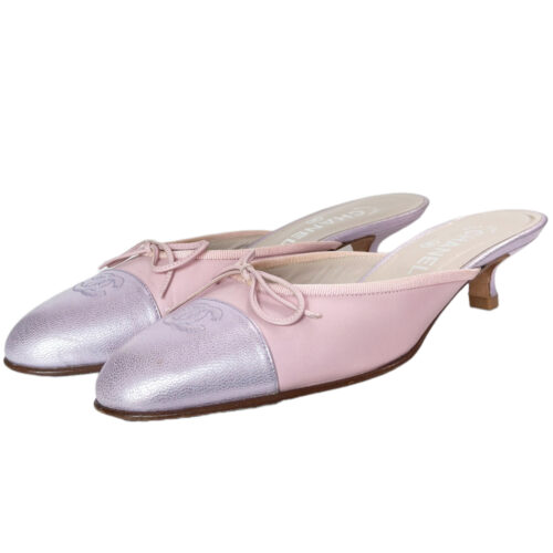 Vintage Chanel Bow Logo 2 Tone Mule Heels in Baby Pink / Lilac UK 5 | NITRYL