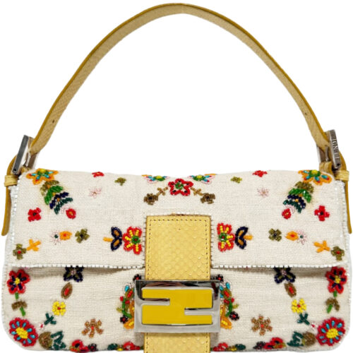 Vintage Fendi Beaded Flower Linen Shoulder Baguette Bag with Exotic Leather Detailing in Cream / Yellow / Silver | NITRYL