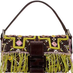 Vintage Fendi Beaded Embroidered Fringe Shoulder Baguette Bag in Brown / Pink / Green | NITRYL