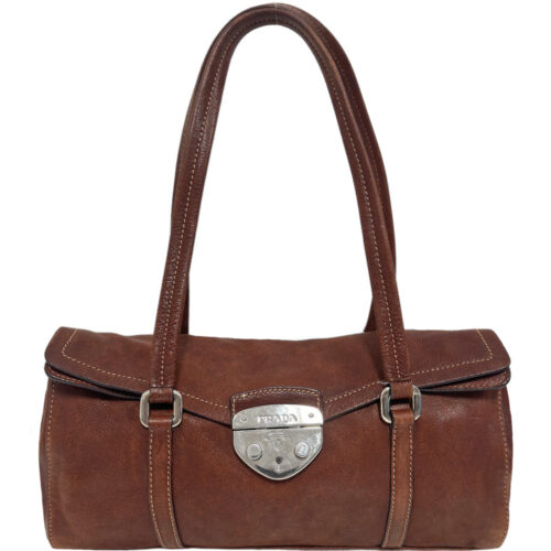 Vintage Prada Logo Leather Shoulder Bag in Brown / Silver | NITRYL