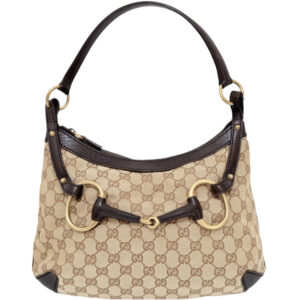 Vintage Gucci Monogram Horsebit Shoulder Bag in Beige / Brown / Gold | NITRYL