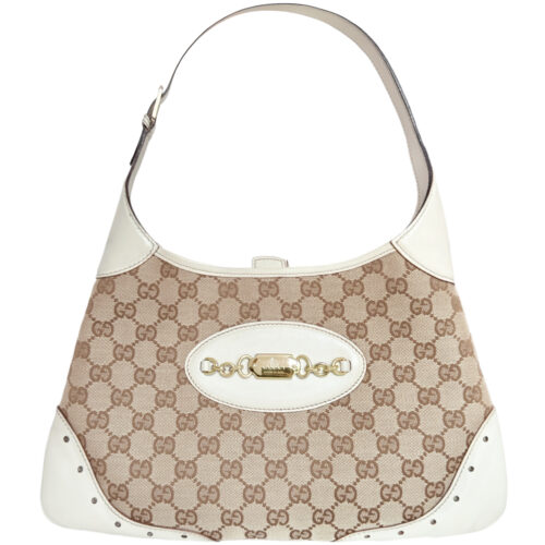 Vintage Gucci Monogram Jackie Hobo Shoulder Bag in Beige / Gold / White | NITRYL