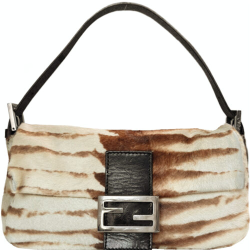 Vintage Fendi Striped Calfskin Shoulder Baguette Bag in White / Brown / Silver | NITRYL