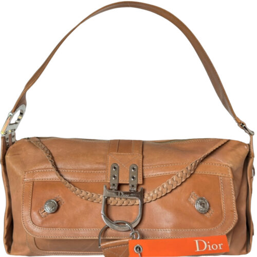 Vintage Dior Flight XL Leather Shoulder Bag in Tan Brown / Silver | NITRYL