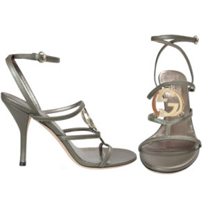 Vintage Gucci Logo Strappy Heels in Metallic Grey - Khaki UK 4 | NITRYL