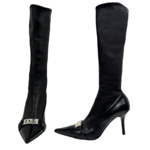 Vintage Dior Logo Leather Sock Heeled Boots in Black / Silver UK 3 | NITRYL