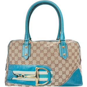 Vintage Gucci Monogram Horsebit Shoulder Bag in Beige / Aqua Blue / Gold | NITRYL