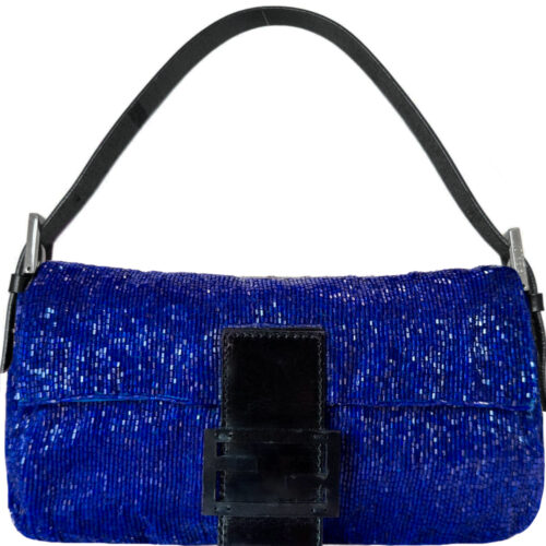 Vintage Fendi Beaded Shoulder Baguette Bag in Electric Blue / Black / Silver | NITRYL
