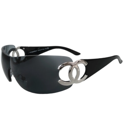 Vintage Chanel Logo Wraparound Sunglasses in Black / Silver | NITRYL