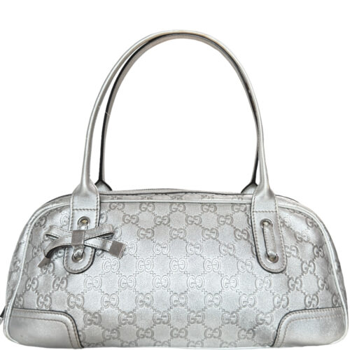 Vintage Gucci Monogram Leather Bow Shoulder Bag in Metallic Silver | NITRYL