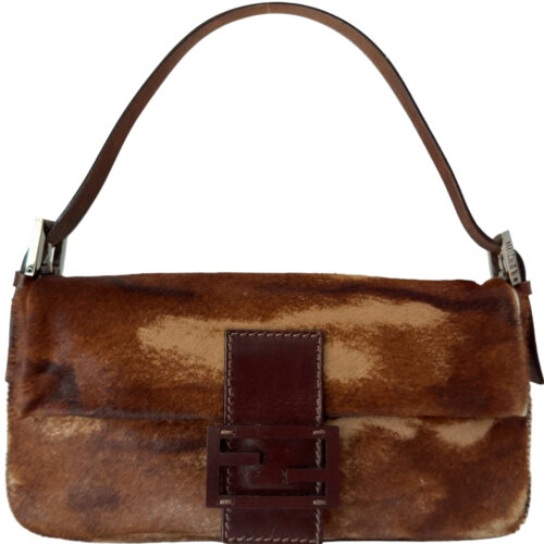 Vintage Fendi Mottled Calfskin Shoulder Baguette Bag in Brown / Tan / Silver | NITRYL