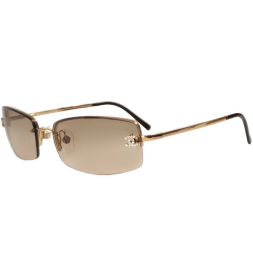 Vintage Chanel Diamante Logo Rimless Sunglasses in Brown / Gold | NITRYL