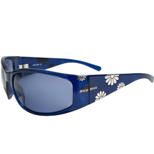 Vintage Miu Miu Flower Logo Wraparound Sunglasses in Blue / Silver | NITRYL