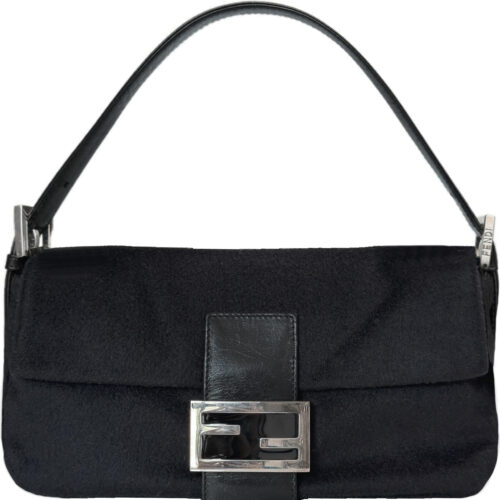 Vintage Fendi Wool Shoulder Baguette Bag in Black / Silver | NITRYL
