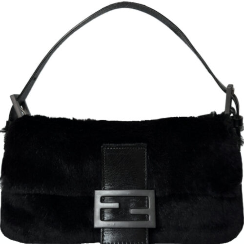 Vintage Fendi Rabbit Fur Shoulder Baguette Bag in Black | NITRYL
