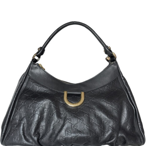 Vintage Gucci Monogram D Ring Leather Hobo Shoulder Bag in Black / Gold | NITRYL