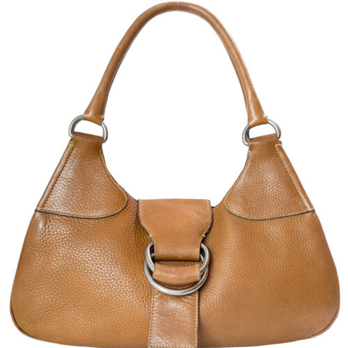 Vintage Prada Leather Buckle Half Moon Shoulder Bag in Tan / Silver | NITRYL