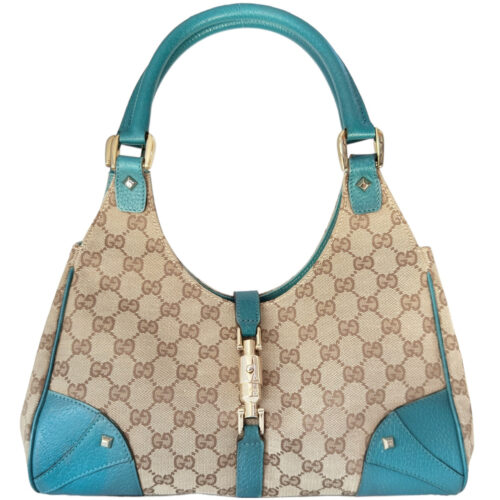Vintage Gucci Monogram Jackie Shoulder Bag in Beige / Aqua Blue / Gold | NITRYL