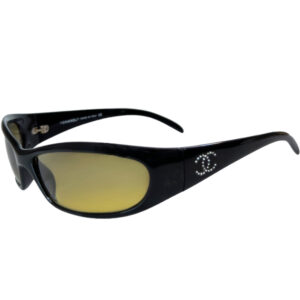 Vintage Chanel Diamante Logo Wraparound Sunglasses in Black / Yellow | NITRYL