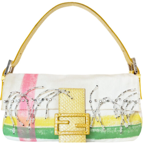 Vintage Fendi Beaded Check Shoulder Baguette Bag in Cream / Yellow with Exotic Leather Detailing | NITRYL