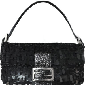 Vintage Fendi Sequin Embellished Shoulder Baguette Bag in Black / Silver with Exotic Leather Detailing | NITRYL