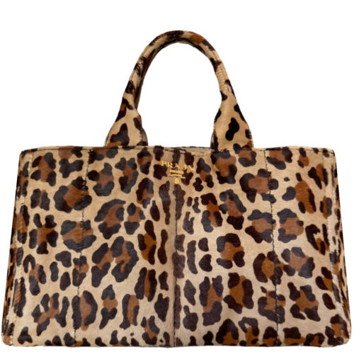 Vintage Prada Leopard Print Calfskin Canapa Tote Bag in Brown / Beige / Gold | NITRYL